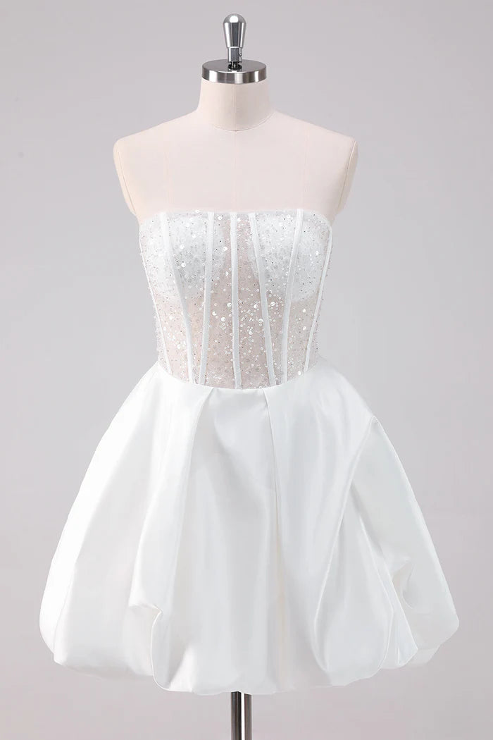 Weitese Dress Sparkly White A-Line Strapless Short Homecoming Dress Sleeveless Sequins Party Dress